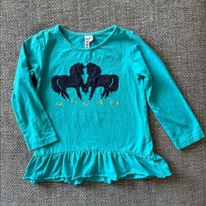 CR Kids Girl’s Long Sleeve Teal & Navy Pony Appliqué Top w/ Ruffle – Size 4T